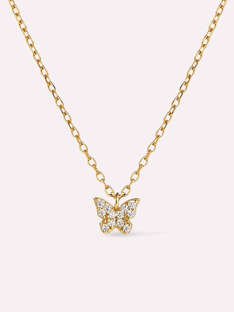 Dainty recycled sterling silver butterfly necklace with cubic zirconia accents on a gold-dipped chain.