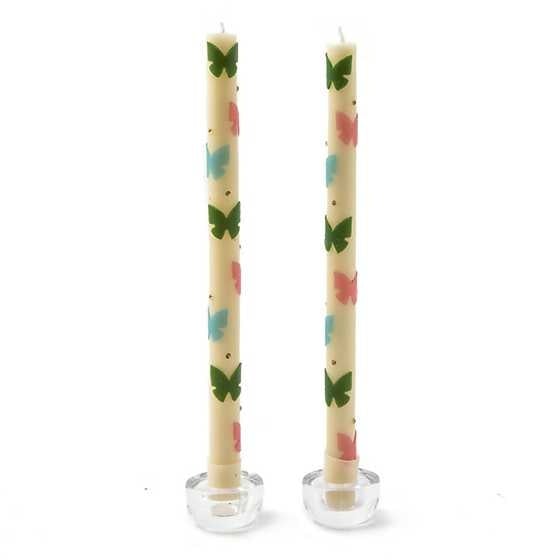 Set of two pastel beeswax-blend dinner candles with hand-cut butterfly silhouettes and rhinestone studs.