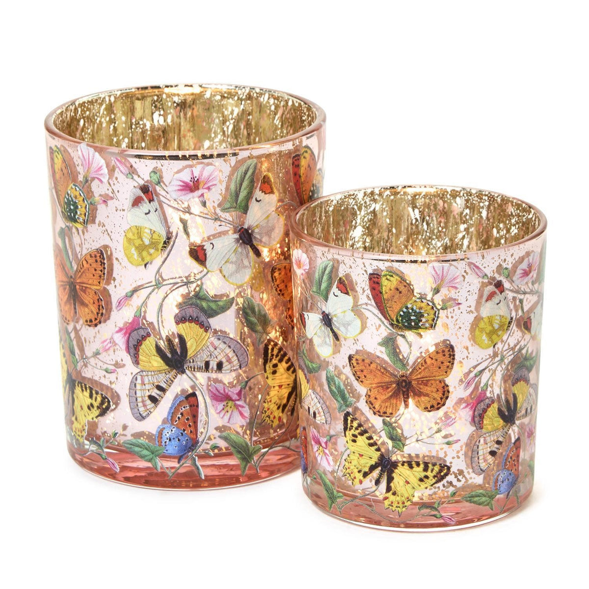 Antiqued glass candleholder featuring an intricate butterfly silhouette designed for tealights.