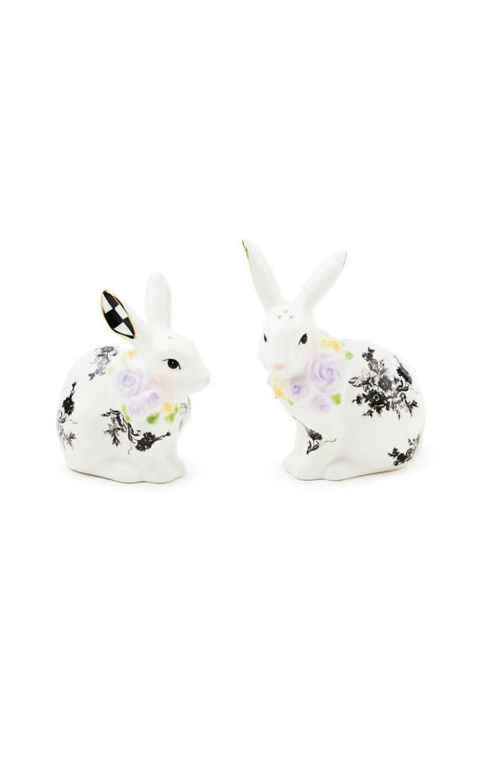 Butterfly toile bunny salt and pepper set in dolomite ceramic featuring a sitting rabbit and standing rabbit with blue floral patterns.