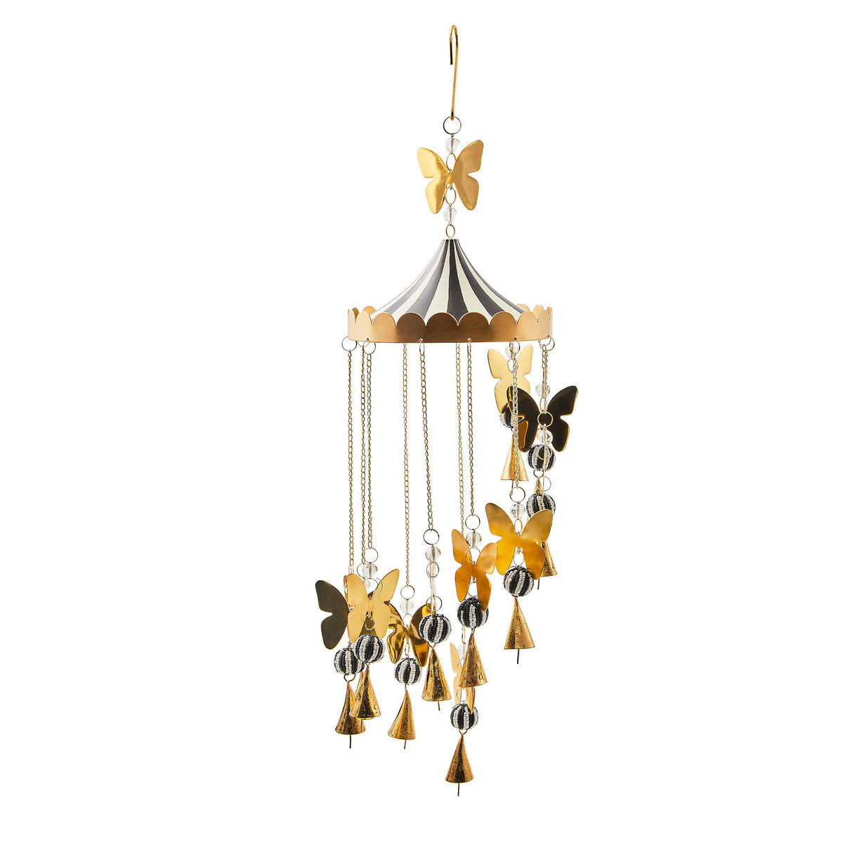 Metal butterfly wind chime with glass beads and bells hanging from a carousel topper.