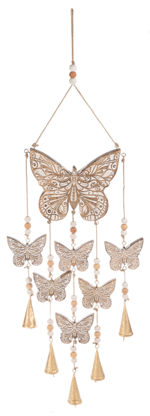 Outdoor butterfly windchime with delicate charms measuring 8 inches wide by 38 inches tall.