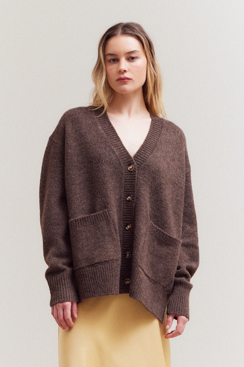 Chestnut button front cardigan with a relaxed fit.