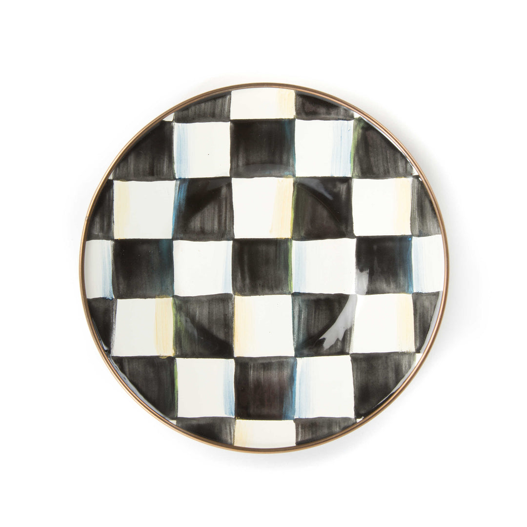 Courtly Check Enamel Saucer with hand-painted black and white checks and a bronzed steel rim.