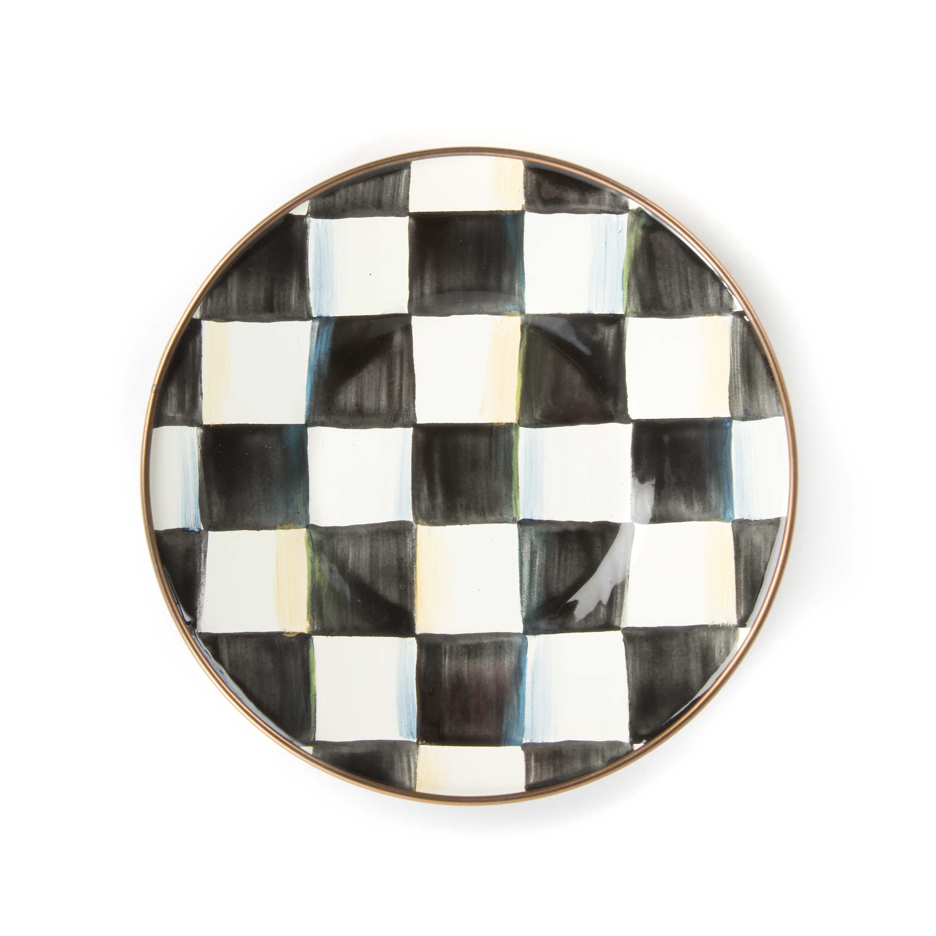 Courtly Check Enamel Saucer with hand-painted black and white checks and a bronzed steel rim.