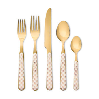 Set of five Check Bistro flatware pieces in silver stainless steel with a simple rectangular silhouette.