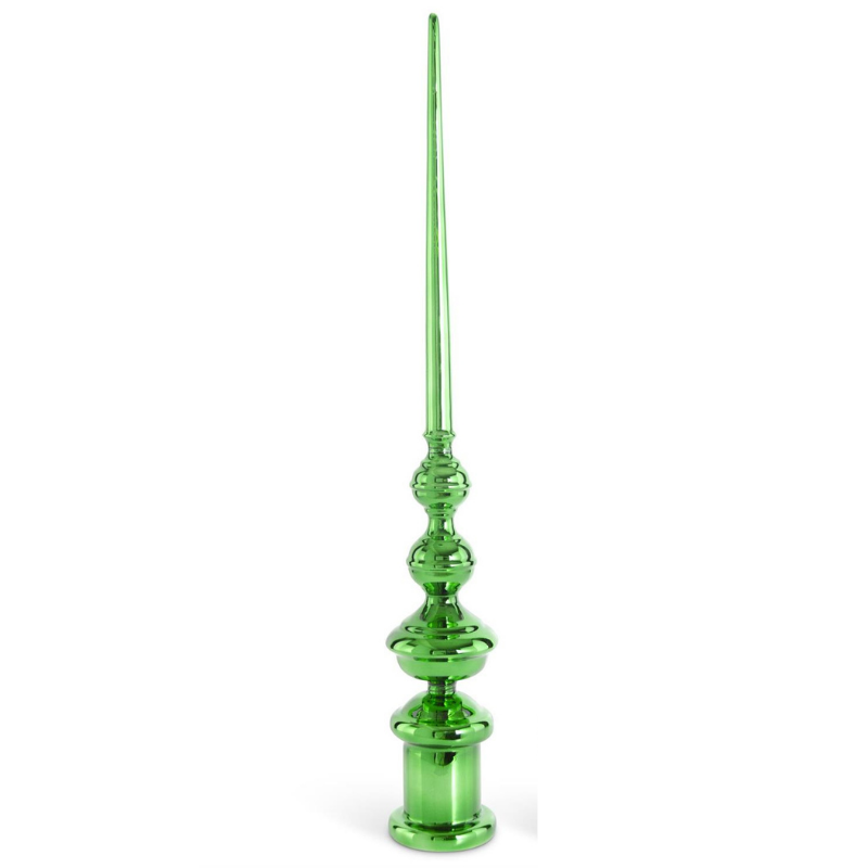 Handcrafted green glass finial with stacked spheres and a tall tapered point on a flat base.