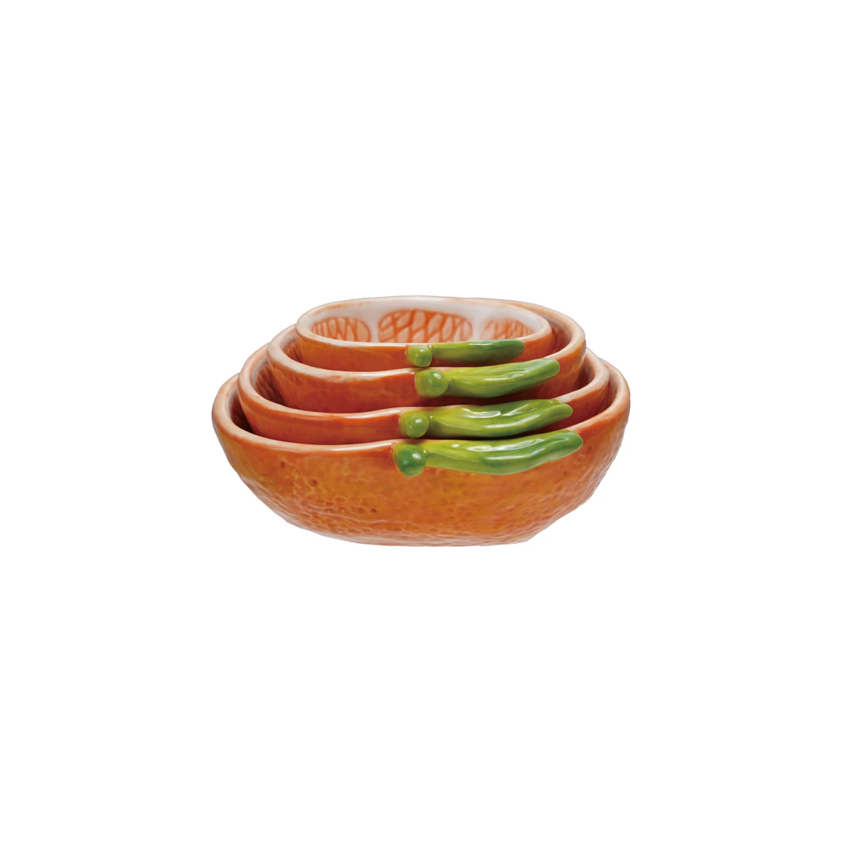 Set of four hand-painted stoneware measuring cups shaped like clementines.