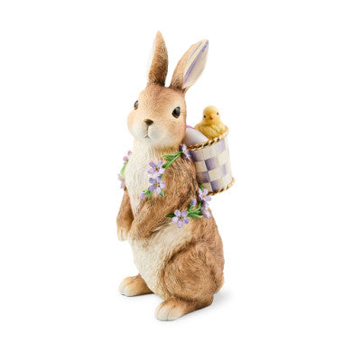 Resin Pansy Party Bunny figurine with a pack; pink pansies on ears and body.