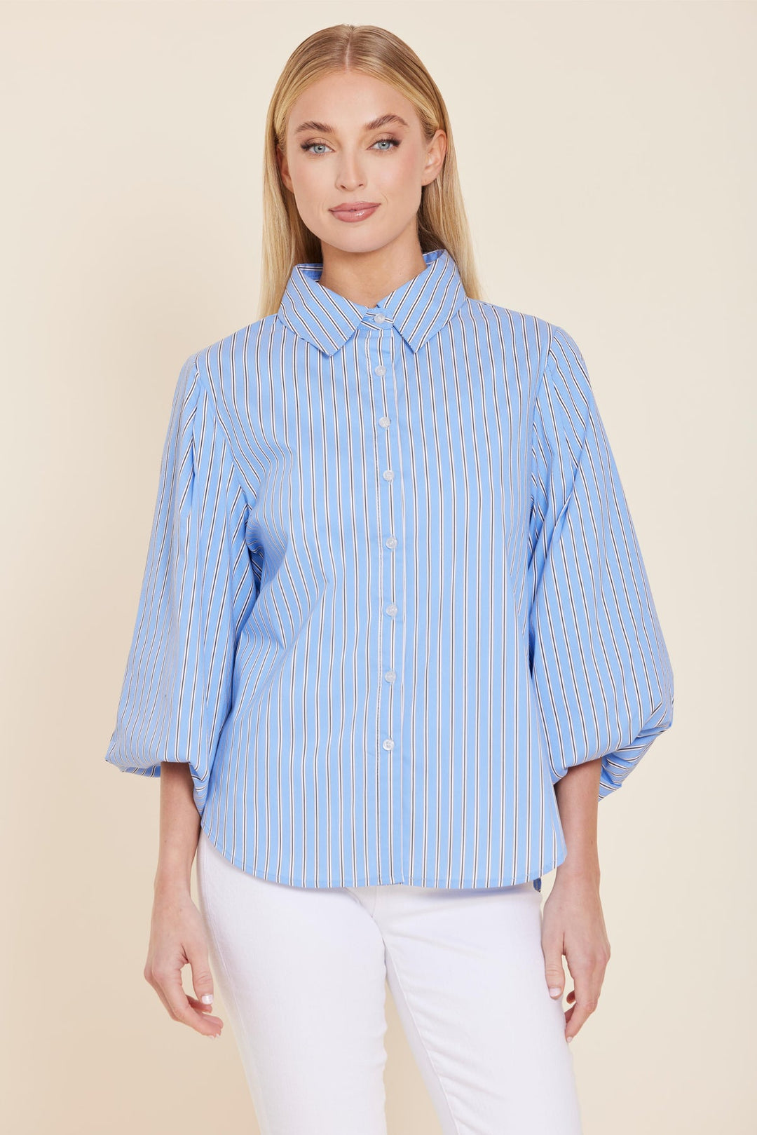 Amanda Poplin Stripe Exageratted Sleeve Top