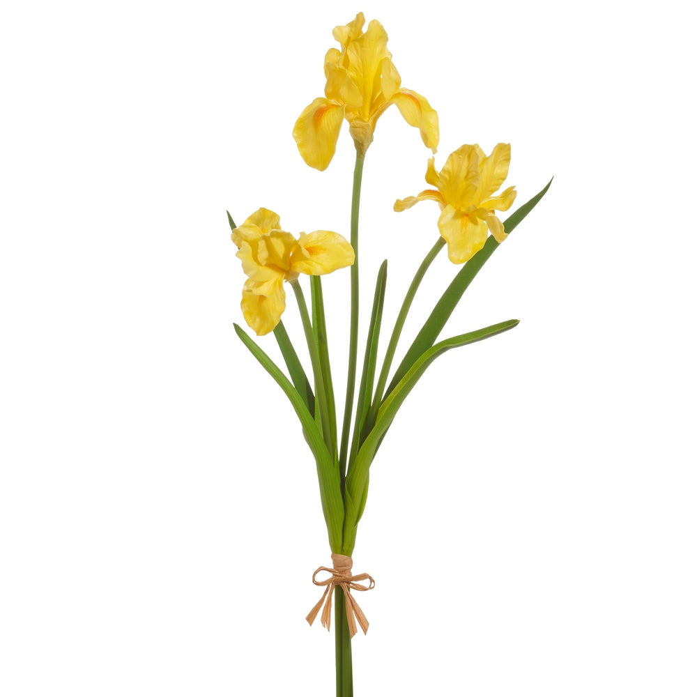 A bundle of three 23-inch tall yellow iris flowers made from polyurethane foam with realistic petals and green stems.