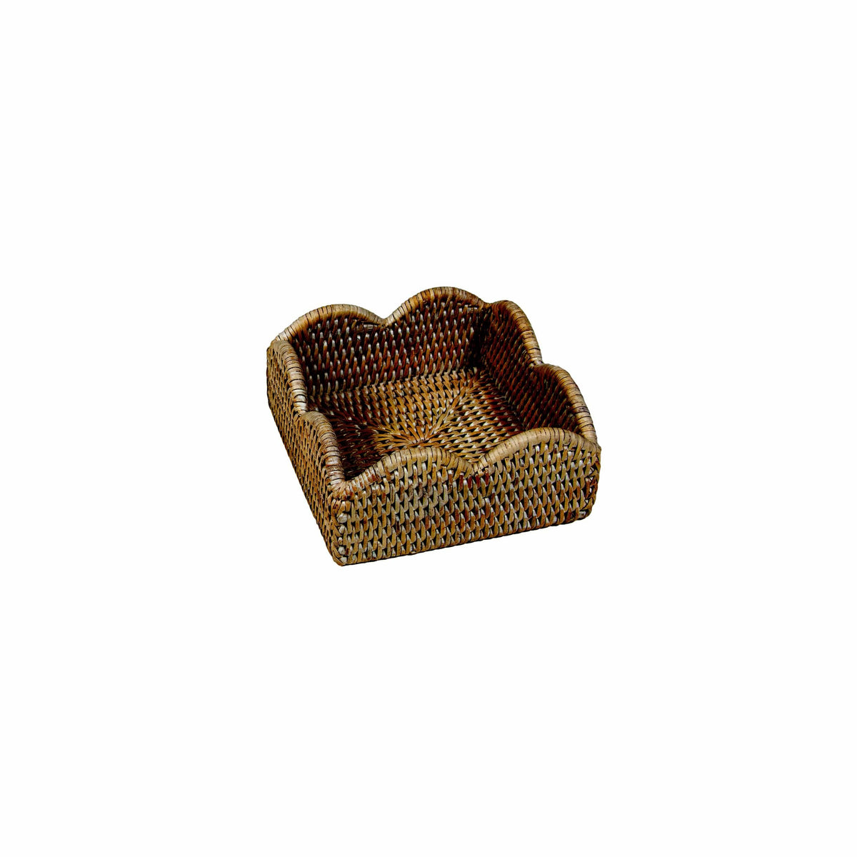 Hand-woven rattan scalloped cocktail napkin holder with a natural finish and doubleweave construction.