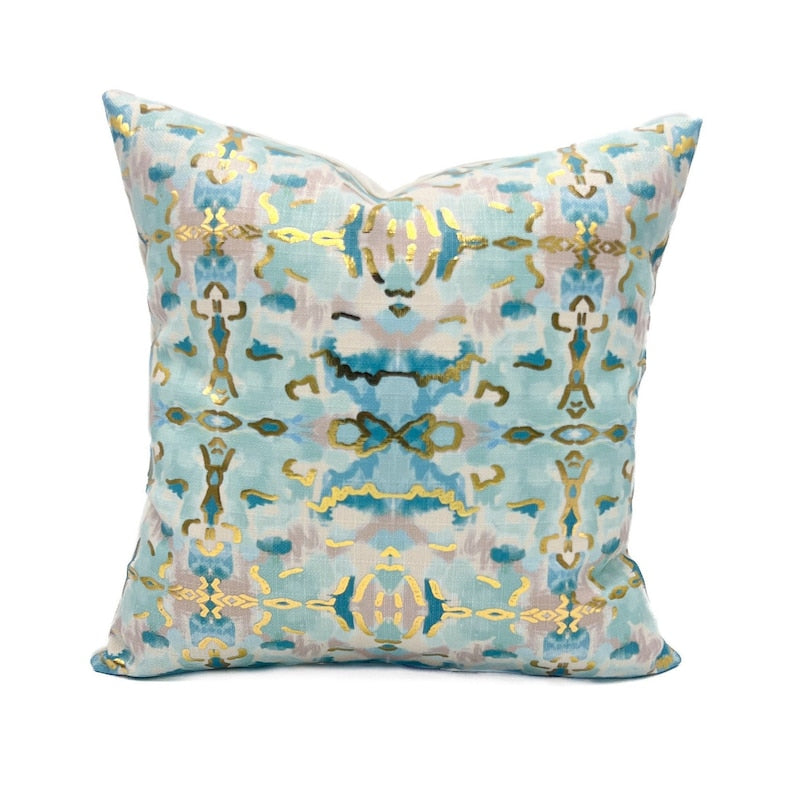 Square gold foil kaleidoscope pillow with feather fiber blend insert