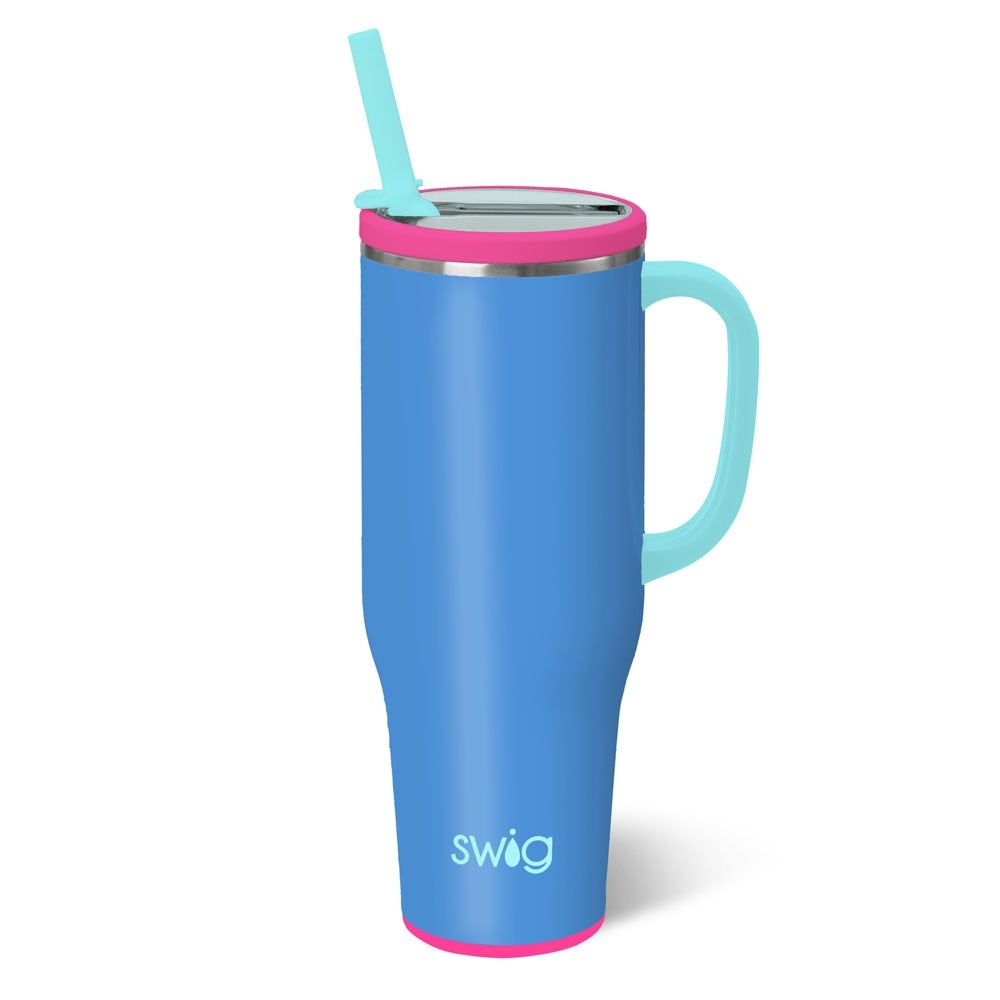 Blue 40oz Swig Mega Mug with pink lid and base, and a light blue handle and straw.