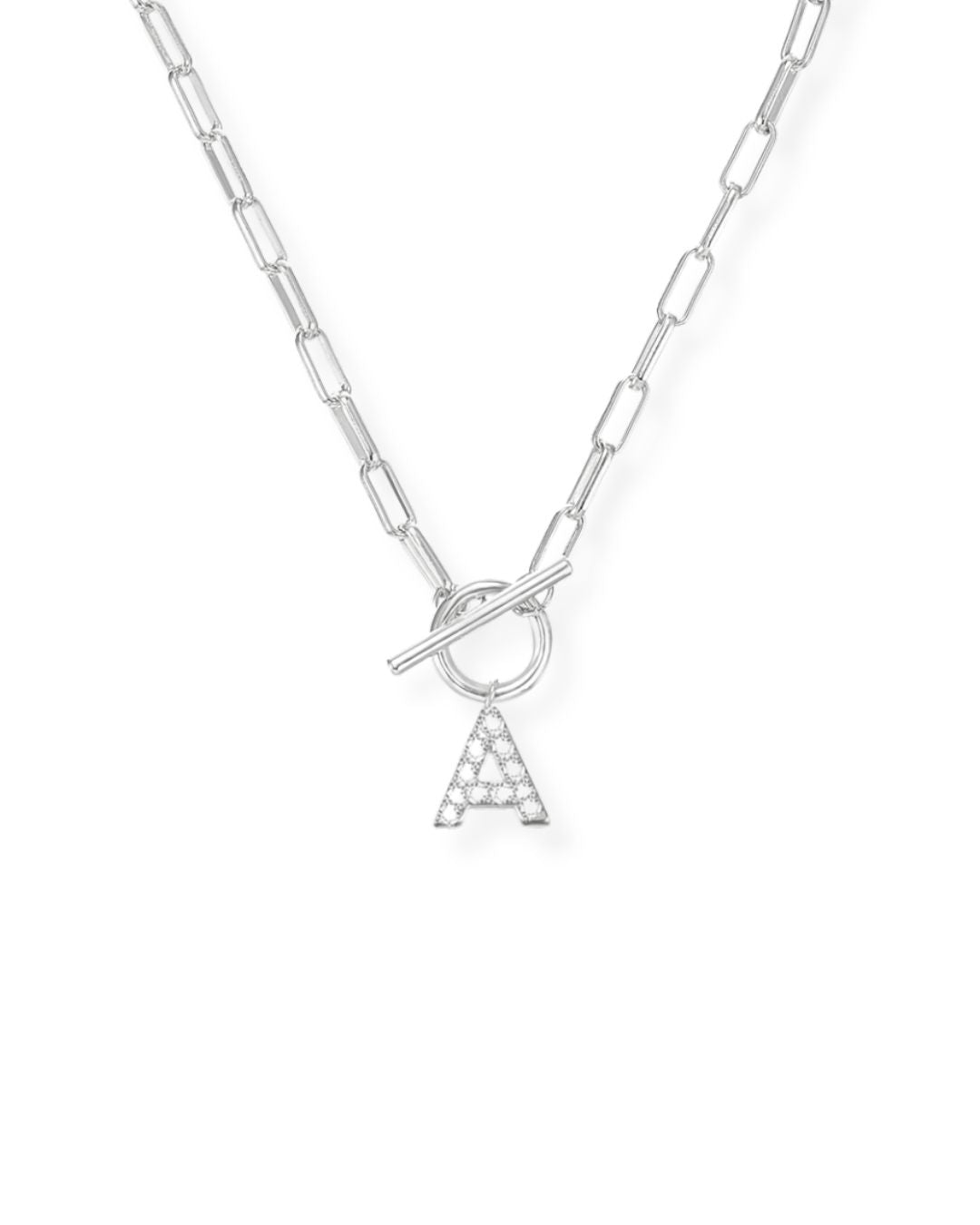 Sparkle Mini Toggle Initial Necklace in silver with a toggle closure on an 18-inch lead-free and nickel-free chain.
