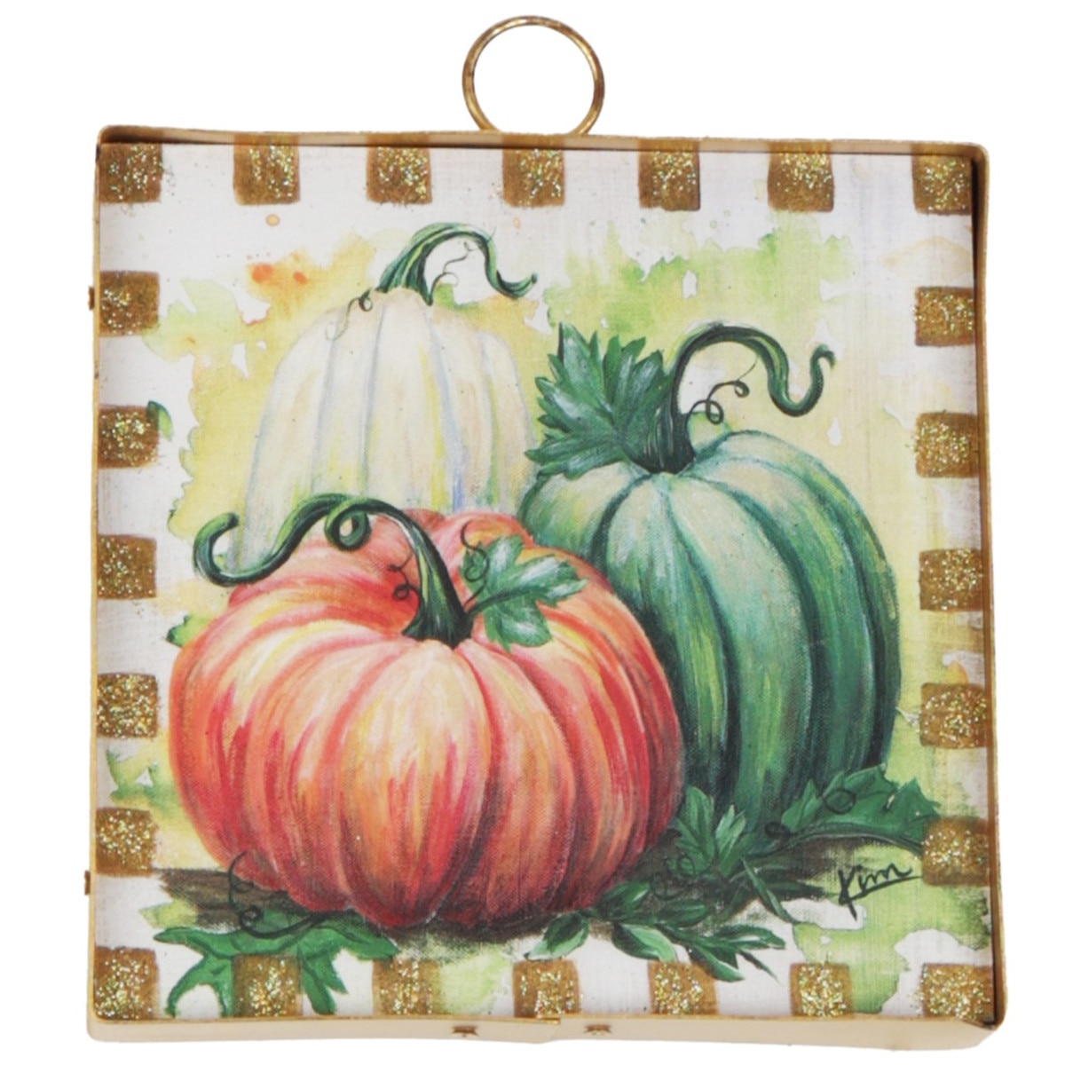 Mini Art Pumpkin Trio featuring watercolor-style white, green, and orange pumpkins in a gold frame.