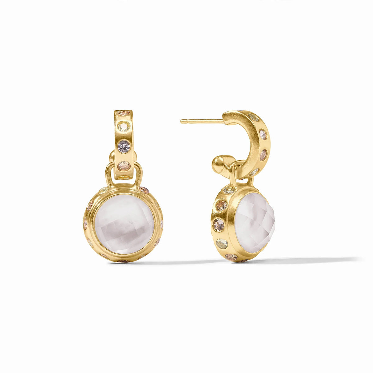 Rainbow hoop and charm earrings in 24K gold plate with faceted white glass and colorful CZ accents.