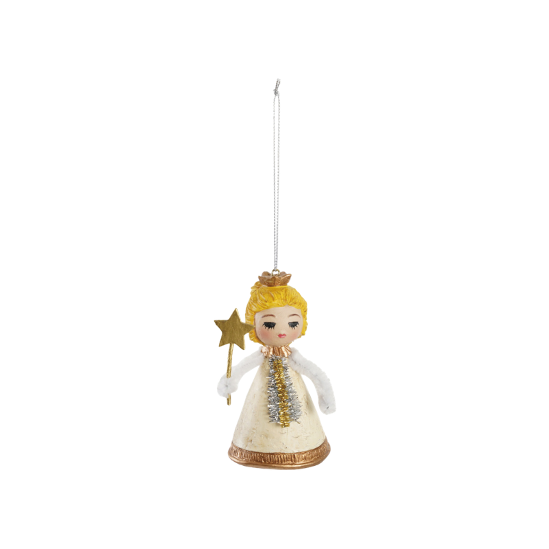 Vintage-style resin angel ornament with yellow hair, cream gown, and a gold star wand.