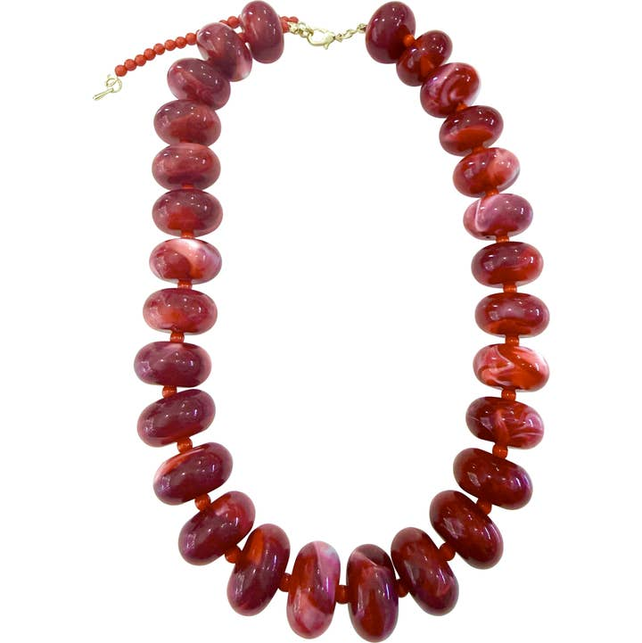 Marlan chunky red necklace with large marbled beads and a gold-tone adjustable clasp.