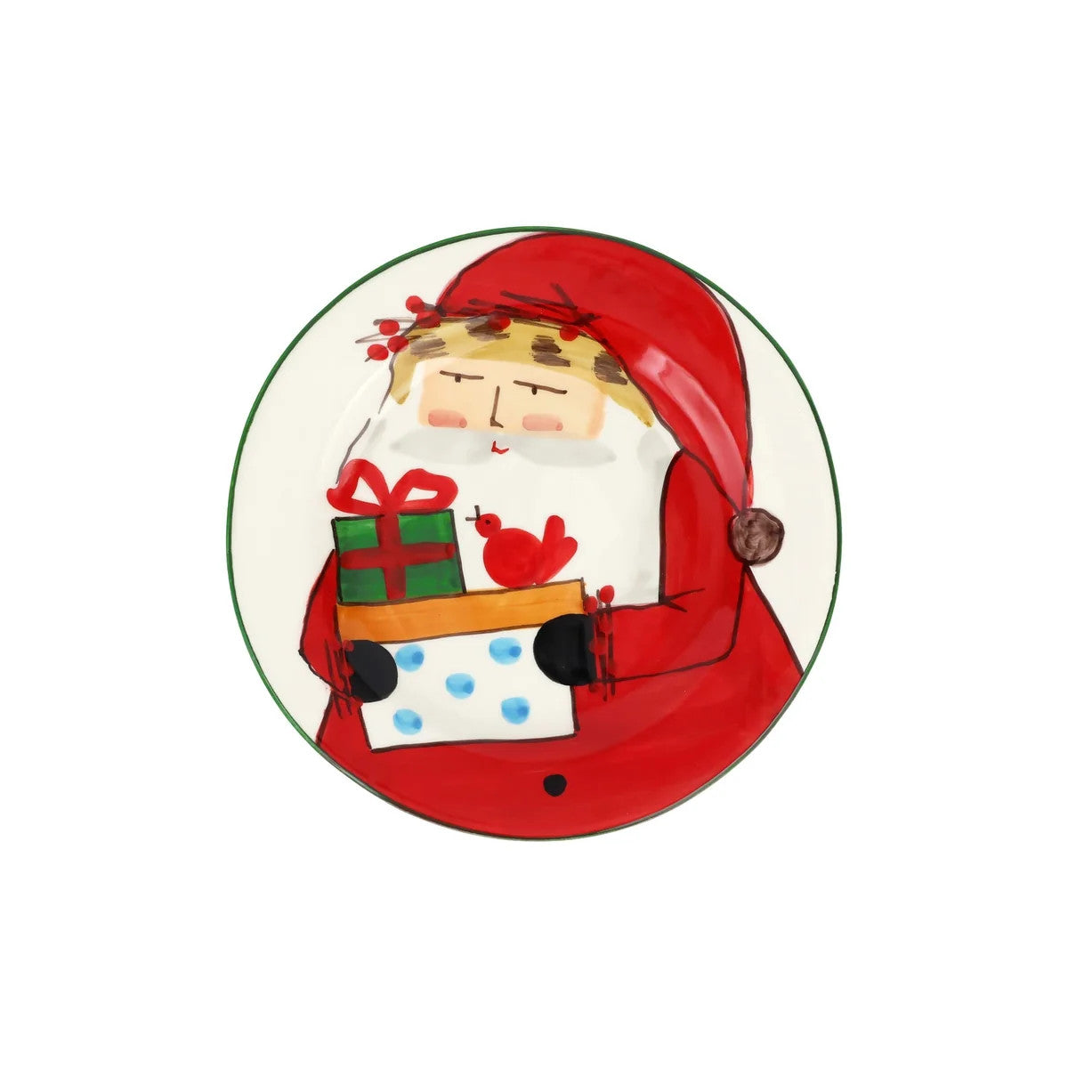 Old St. Nick 2026 Limited Edition Salad Plate featuring Santa holding a gift and a red bird.