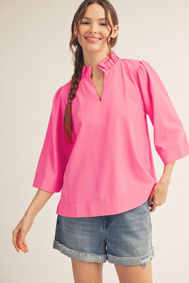 Jane Ruffled Neck Crinkle Solid Top