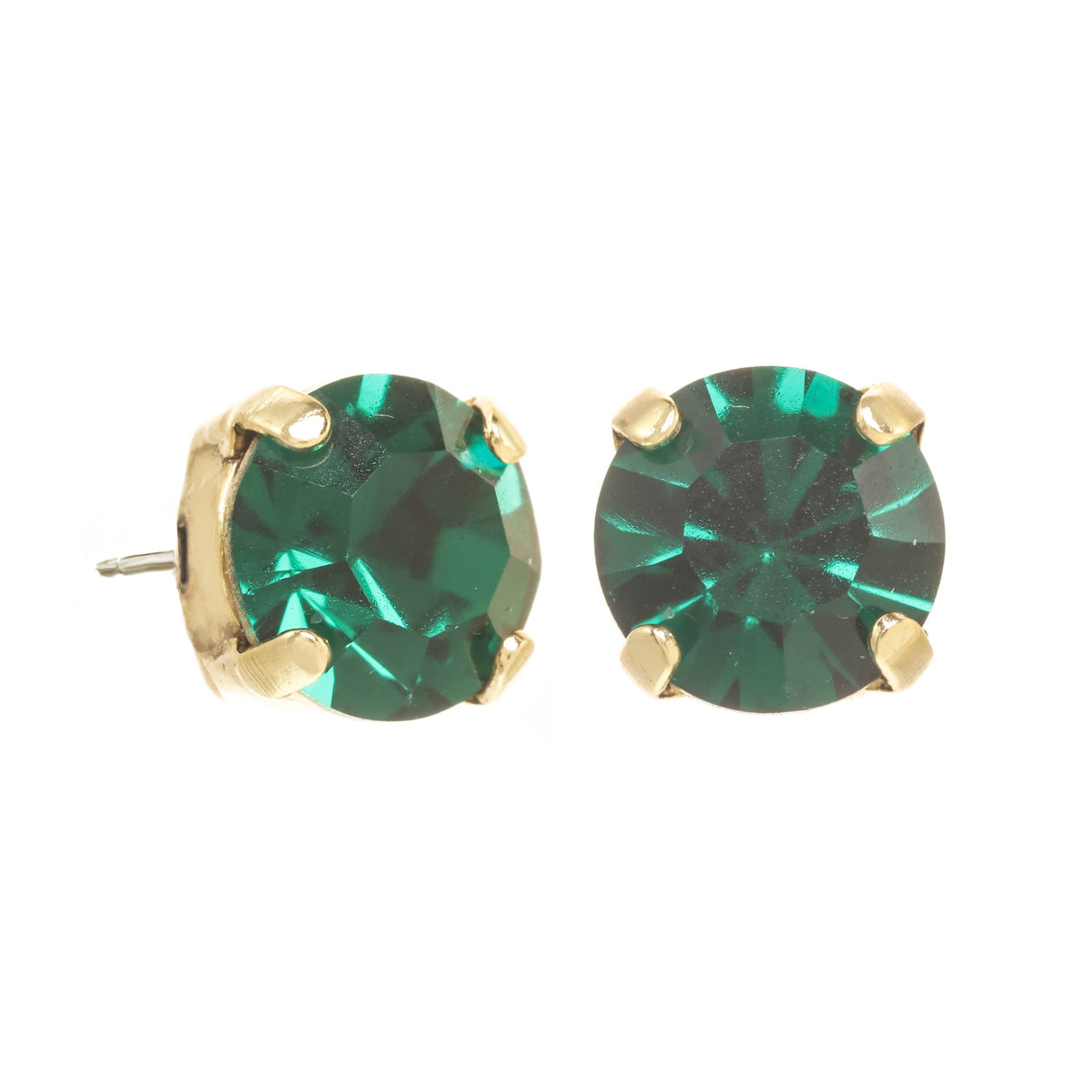 Antique gold plated brass stud earrings featuring eight millimeter clear crystals.