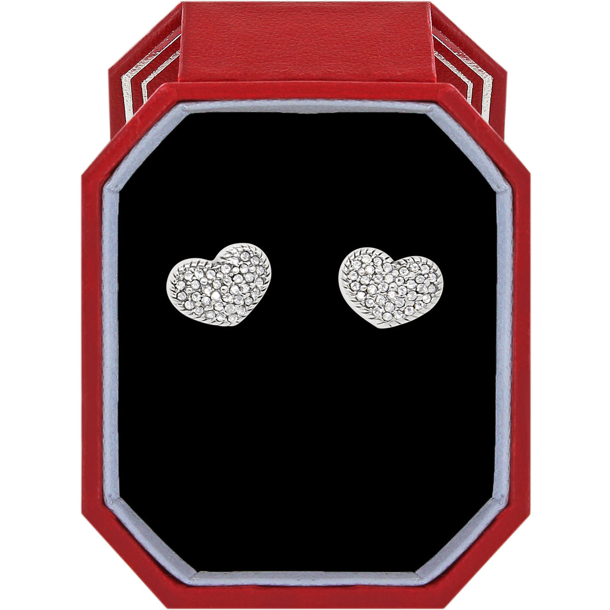 Silver plated Illumina Celeste heart post earrings with crystals in a red gift box.