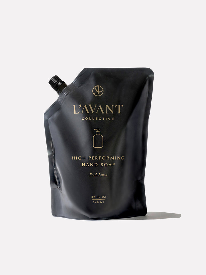 L'AVANT Collective High Performing Hand Soap Refill in a 32 oz black pouch, Fresh Linen scent.