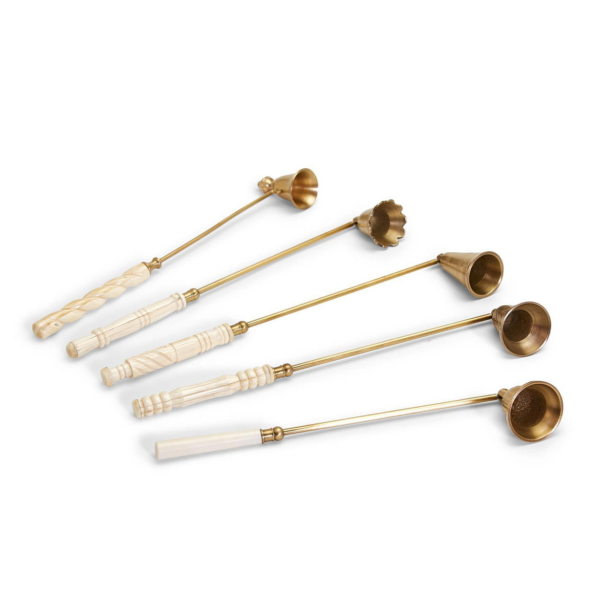 Five Lights Out Antiqued Gold Candle Snuffers with various carved white handles and brass bells.