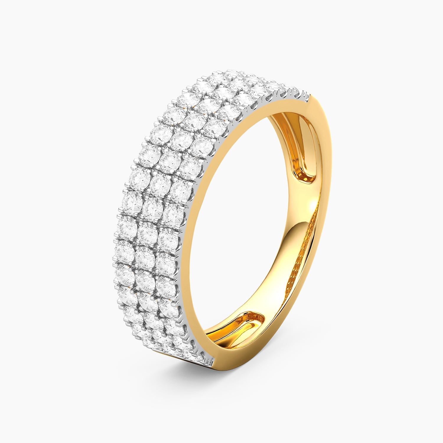 Lab-grown diamond triple row pave ring with a three-tiered band silhouette.