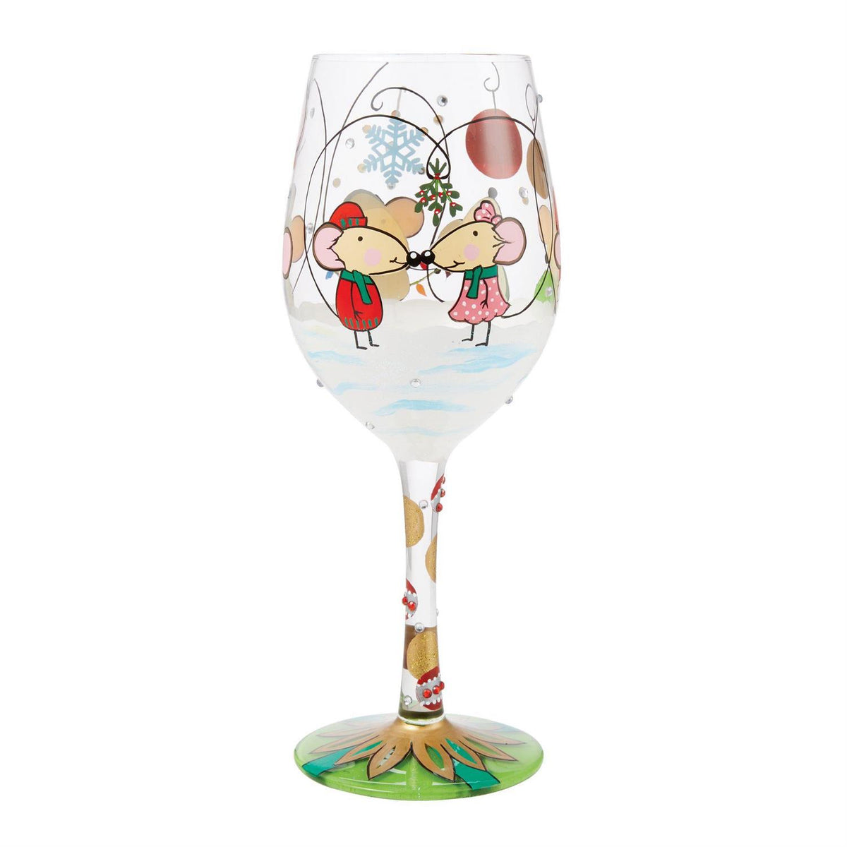 Hand-painted wine glass with a mouse illustration on the bowl.