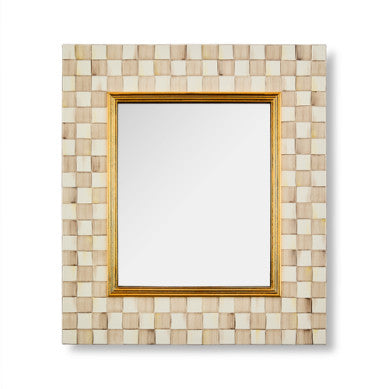 Hand-glazed steel wall mirror with Courtly Check enamel pattern, golden wood moulding frame, and reflective glass.