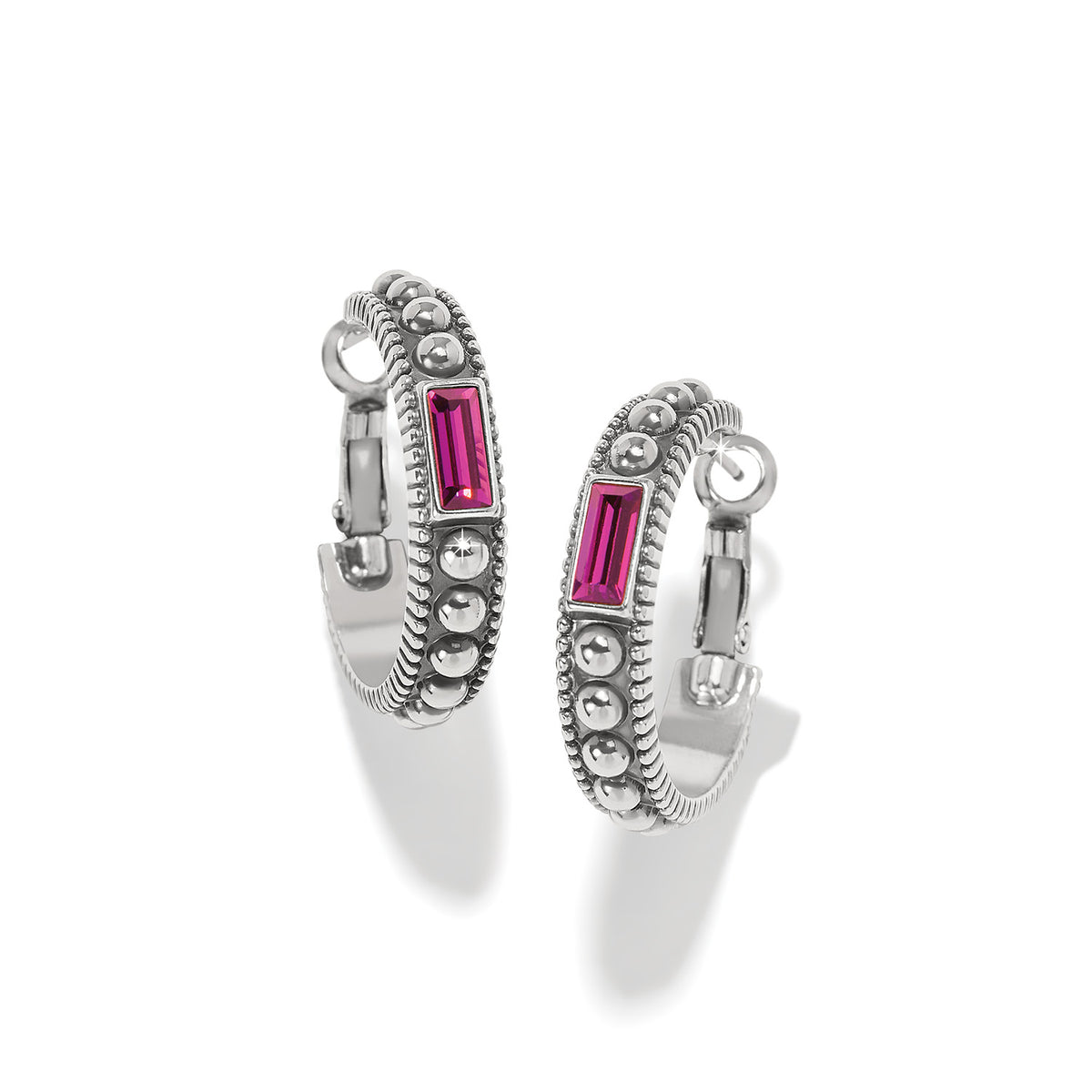 Silver-plated hoop earrings with amethyst crystal accents on a post lever back.