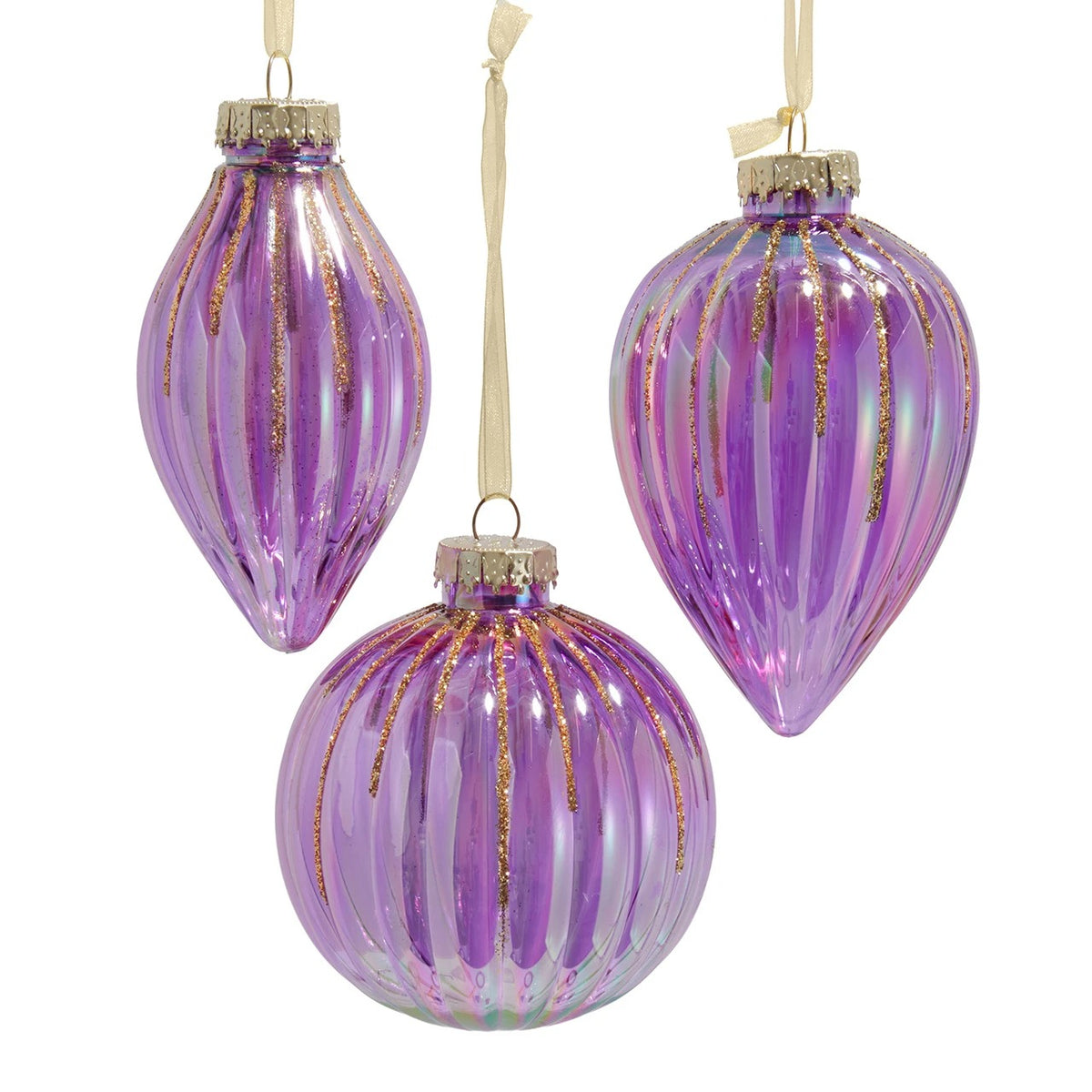 Assorted purple glass-look ornaments with gold glitter stripes in teardrop and round shapes.