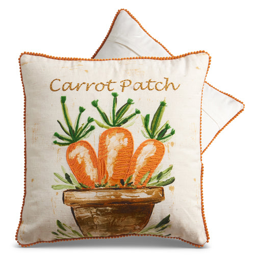 14-inch square white pillow with embroidered carrots in a pot and 'Carrot Patch' text.