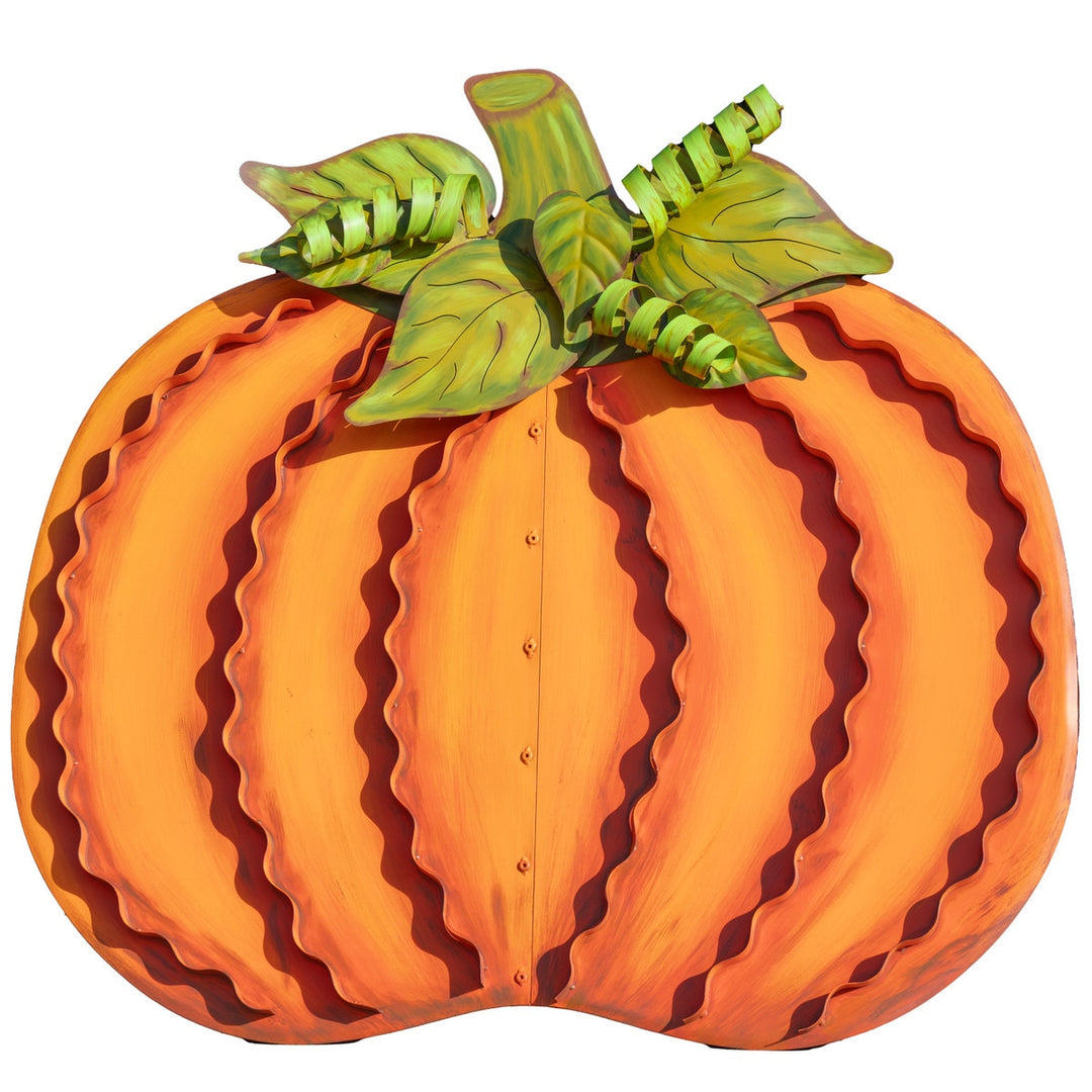 Metal ribbon pumpkin decoration in orange with a large central bow.