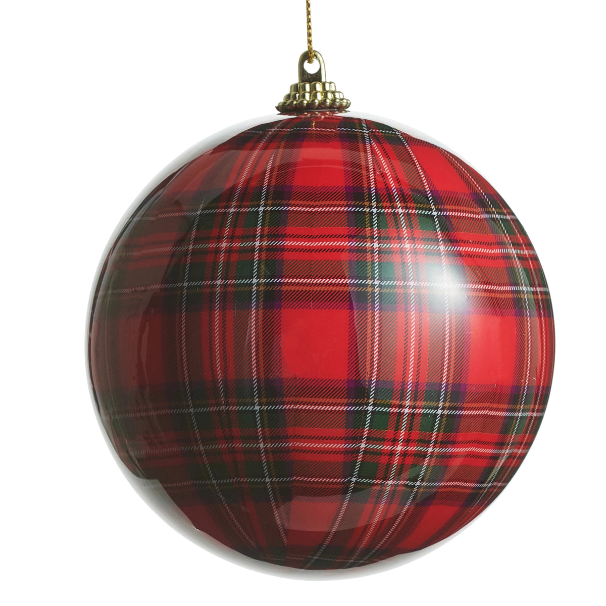 Red Plaid Ball Ornament with a classic red, green, and white tartan pattern and gold hanging cap.