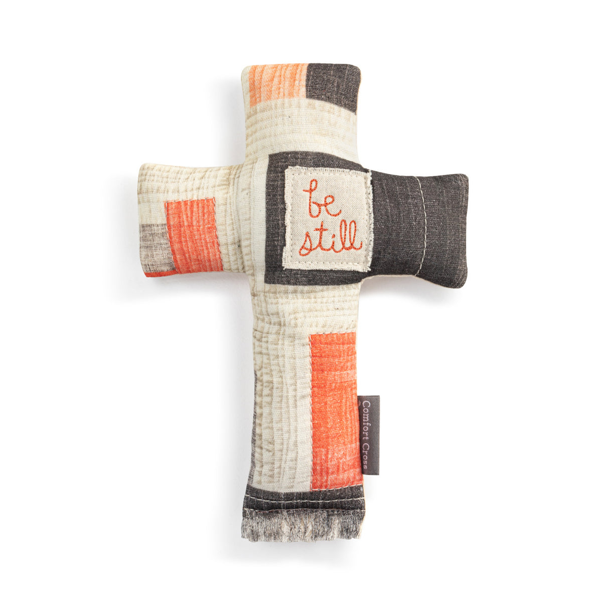 Comfort Cross wall hanging made of cotton with polyester fiberfill stuffing and bead accents in a neutral tone.