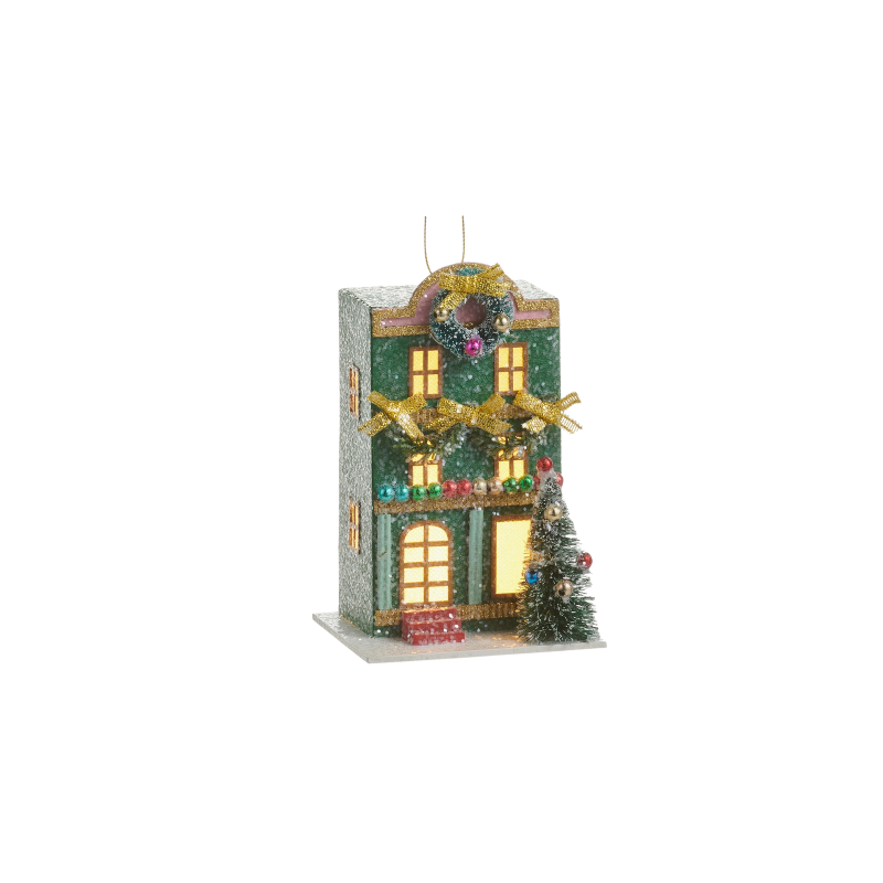 5.5-inch lighted green paper house ornament with a wreath, gold bows, and a small sisal tree.