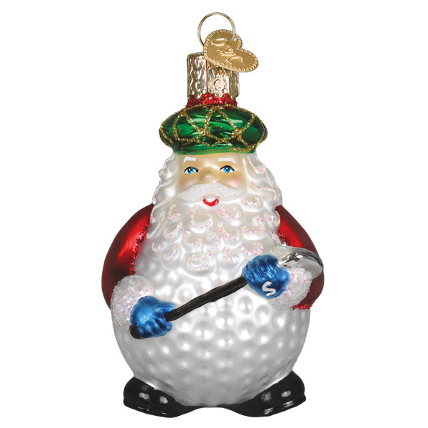 Red Santa golf ornament swinging a club to hit an ace on the green.