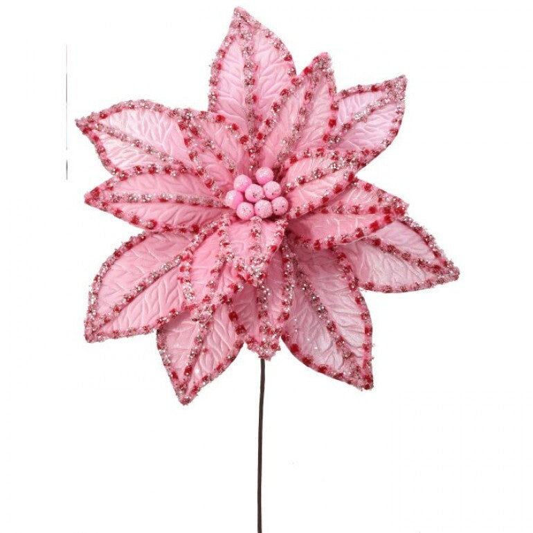 Pink artificial poinsettia stem with glitter-trimmed petals and a beaded center.