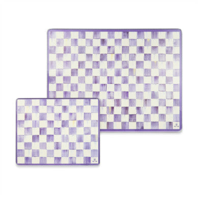 Two violet check tempered glass cutting boards with small and large sizes.