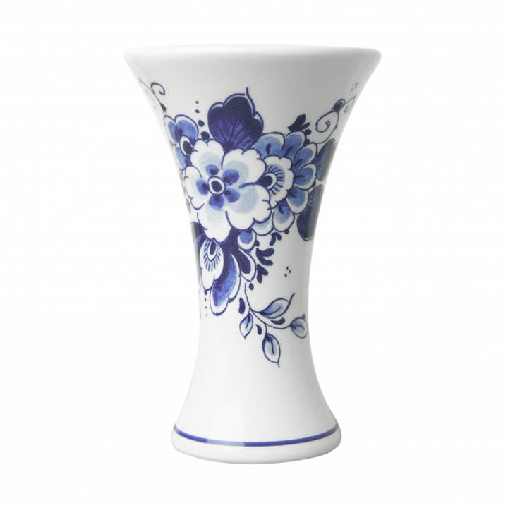 Small white vase with blue floral pattern and a flared rim.