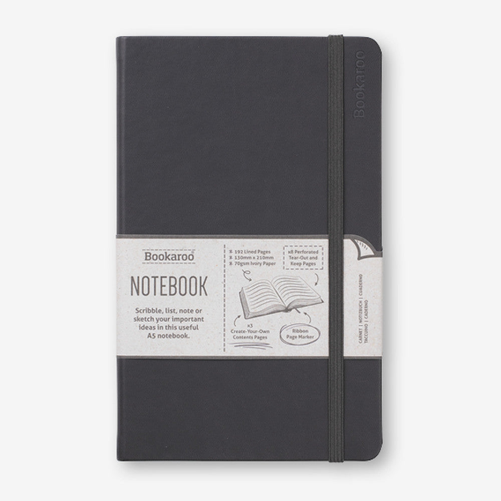 Hardback A5 journal with soft PU cover featuring lined pages, a ribbon bookmark, and elastic strap.