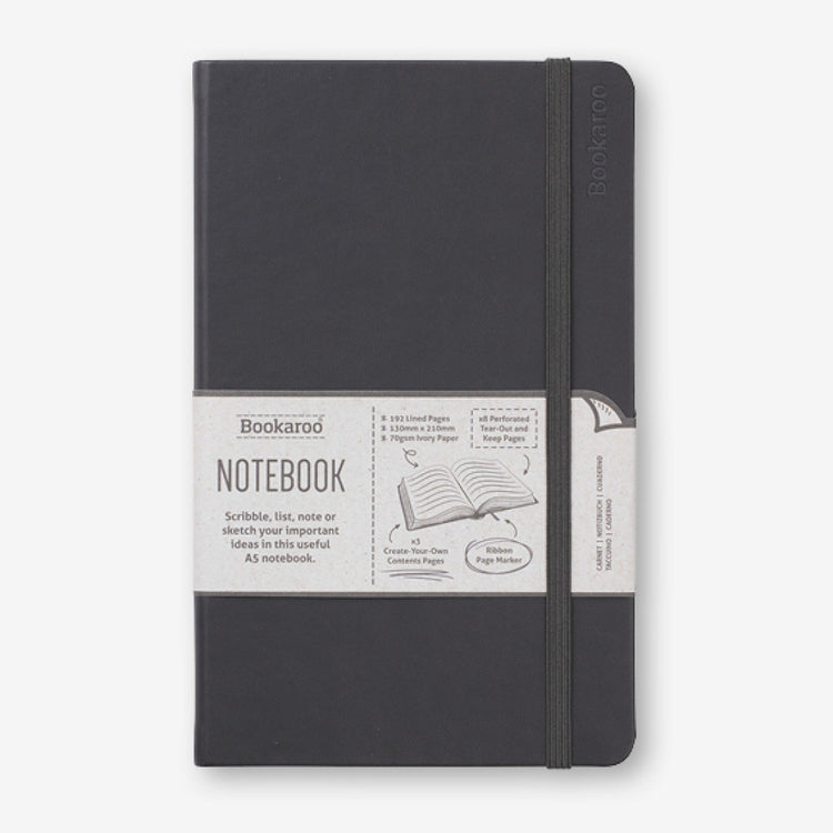 Hardback A5 journal with soft PU cover featuring lined pages, a ribbon bookmark, and elastic strap.