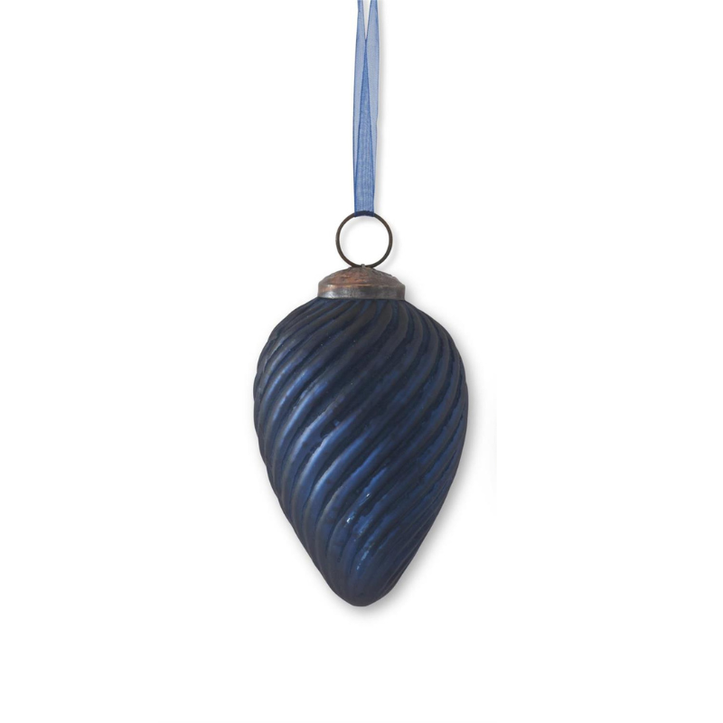 Frosted blue glass swirl ornament with a textured spiral design and a blue ribbon hanger.