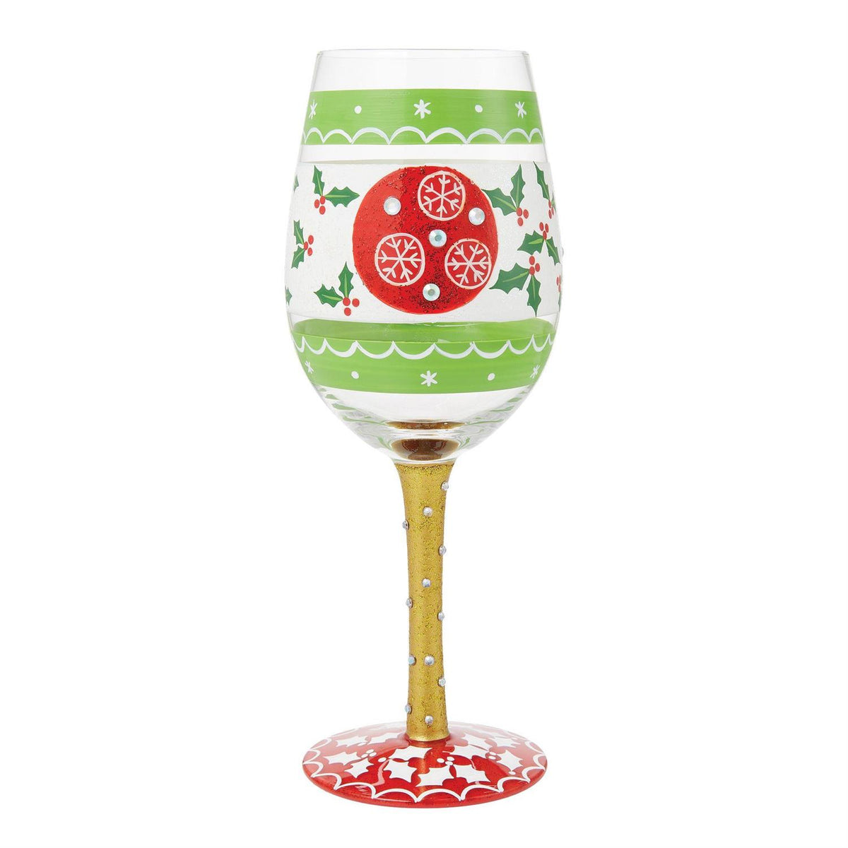 Colorful Lolita wine glass with hand-painted designs, glitter accents, and a cocktail recipe on the base.