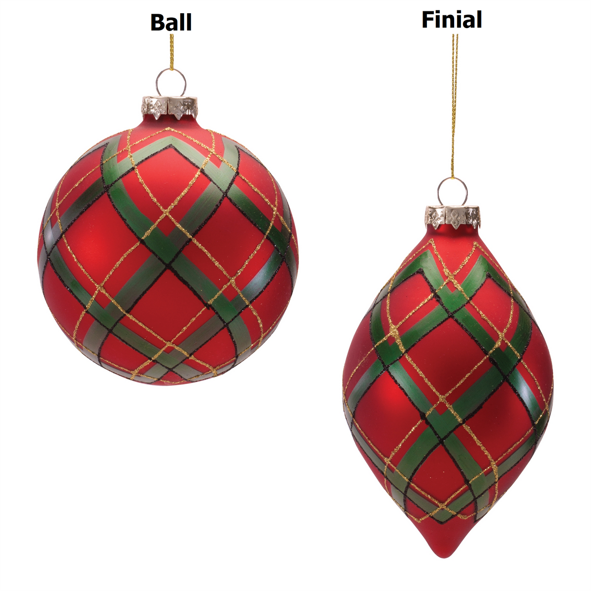 Glass ornament with classic red plaid pattern on clear background