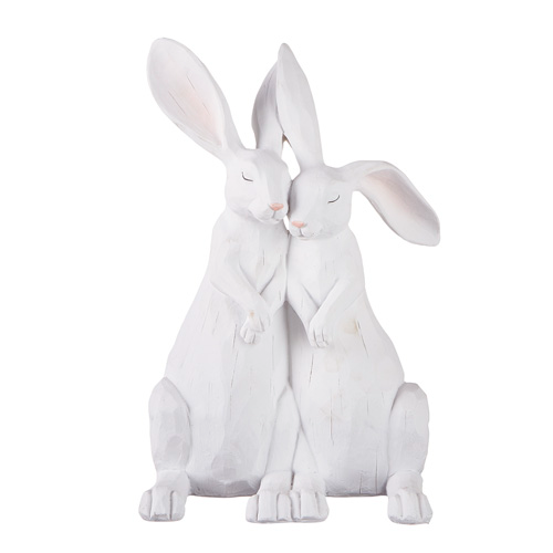 Resin rabbit couple home decor figurine standing approximately 12.75 inches tall.
