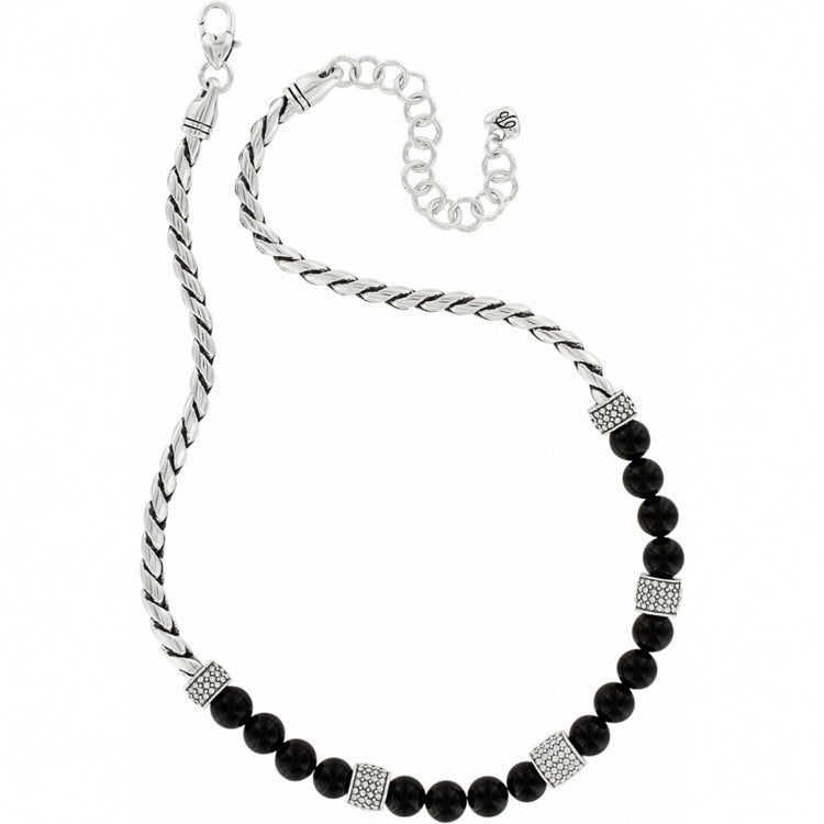 Meridian Black Bead Necklace with silver-plated twisted chain, onyx beads, and crystal spacers.